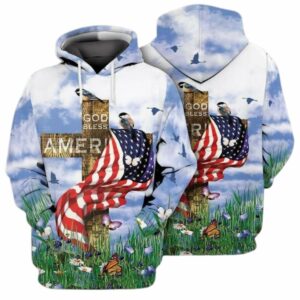 4th Of July Independence Day The Cross Jesus God Bless America All Over Print Hoodie