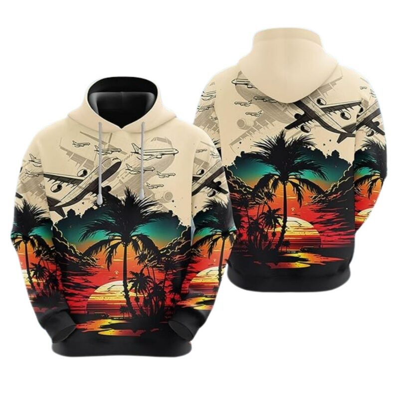 Airplane Helicopter With Coconut Tree And Sunrise Pattern All Over Print Hoodie