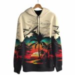 Airplane Helicopter With Coconut Tree And Sunrise Pattern All Over Print Hoodie Front 1