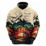 Airplane Helicopter With Coconut Tree And Sunrise Pattern All Over Print Hoodie Front