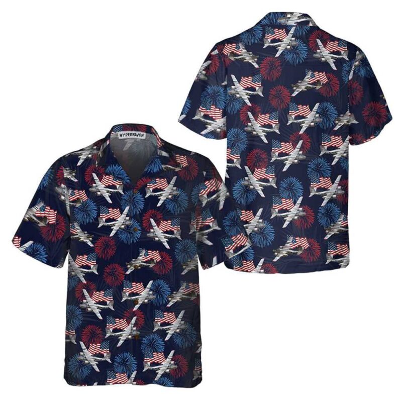 American Flag And Firework Military Airplane A 26 Invader Aircraft Hawaiian Shirt