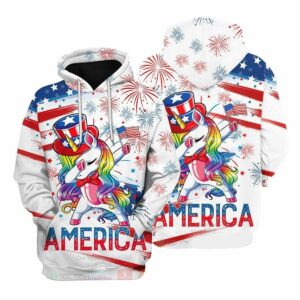 Flag Unicorn Cartoon Us Independence Day All Over Print Hoodie