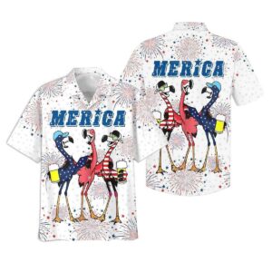 Flamingo Drinking Beer In Usa Flag Happy Independence Day Hawaiian Shirt