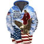 Jesus And Eagle One Nation Under God 4Th July Independence Day All Over Print Hoodie Front