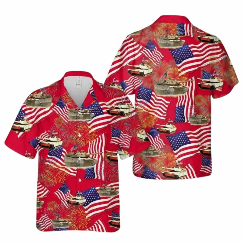 M1A1 Abrams Tank 4Th Of July Red Pattern Hawaiian Shirt