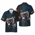 Military Pride Eagle American Flag Black And Blue Pattern Hawaiian Shirt