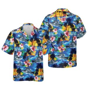 Navy USS Barry DDG 52 Coconut Trees Pattern Hawaiian Shirt