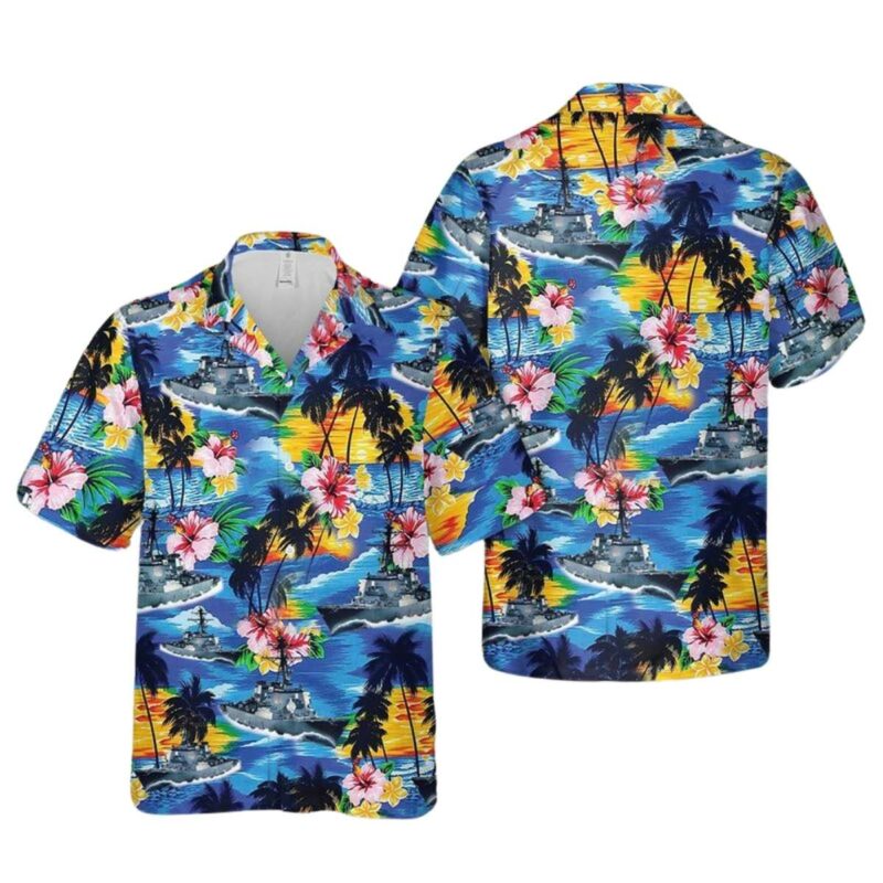 Navy Uss Barry Ddg 52 Coconut Trees Pattern Hawaiian Shirt