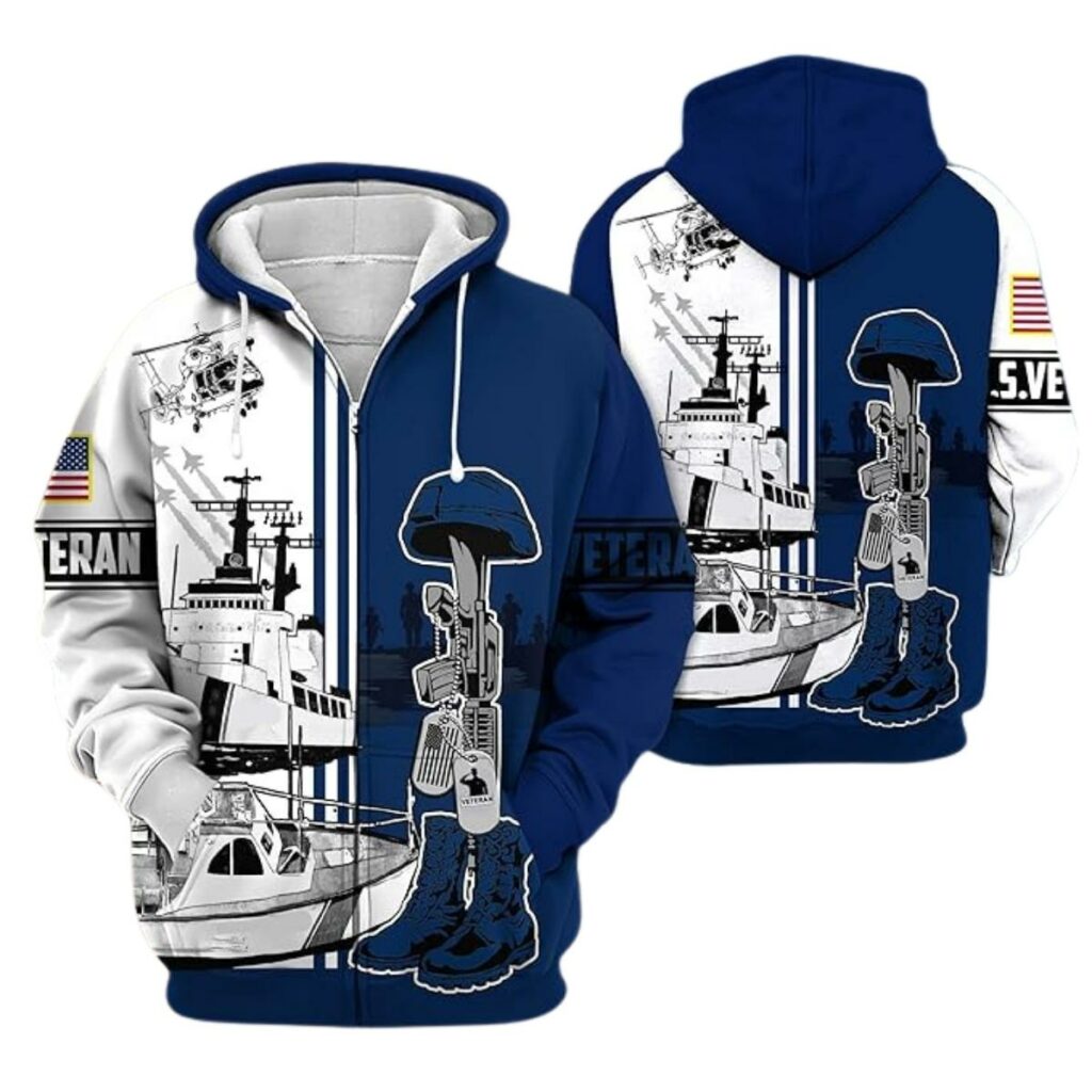 Proudly Served Us Veteran Armed Forces White And Blue Pattern All Over Print Hoodie