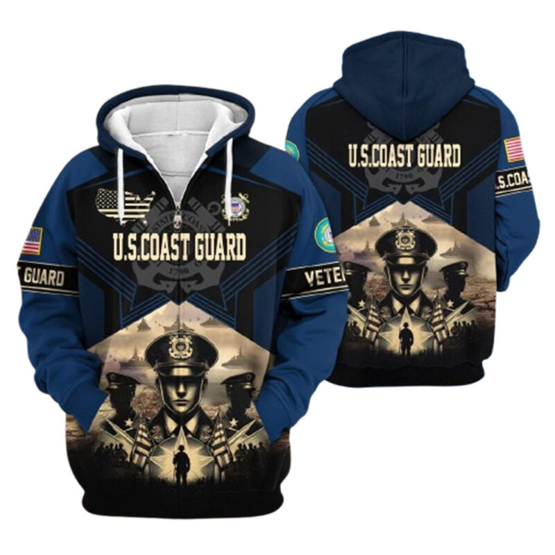 Proudly Served Us Veterans Coast Guard Black And Blue Patter All Over Print Hoodie