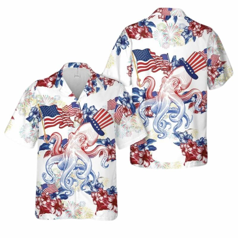 Red White And Blue Octopus, 4Th Of July Independence Hawaiian Shirt