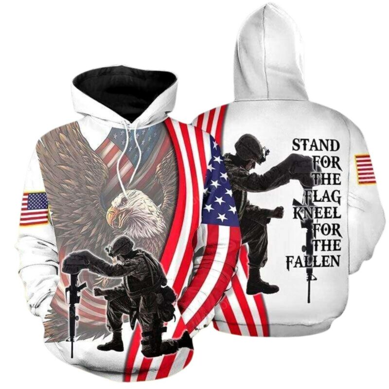 Stand For The Flag Kneel For The Fallen White Pattern Memorial Day All Over Print Hoodie