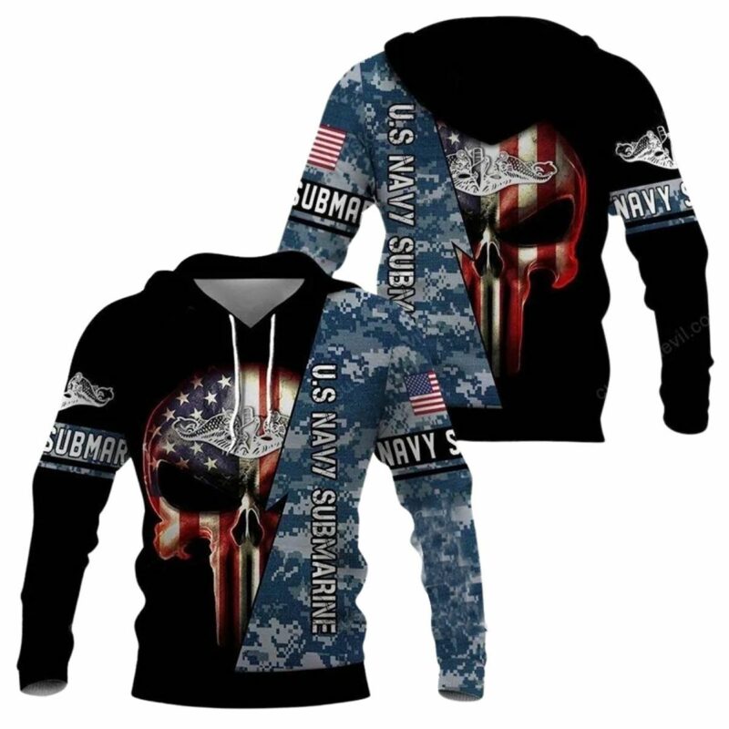 Us Navy Submarine Skull American Flag All Over Print Hoodie