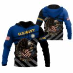 US Navy US Veteran Eagle Flag Black And Blue Pattern All Over Print Hoodie