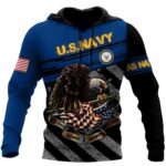 US Navy US Veteran Eagle Flag Black And Blue Pattern All Over Print Hoodie Front