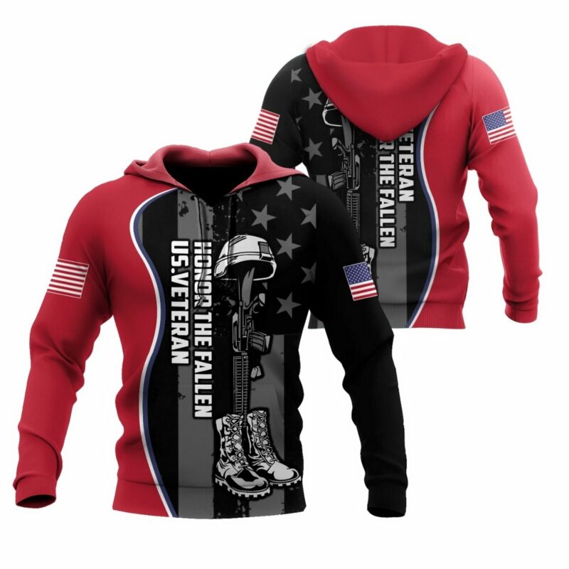 Us Veteran Honor The Fallen Black And Red All Over Print Hoodie