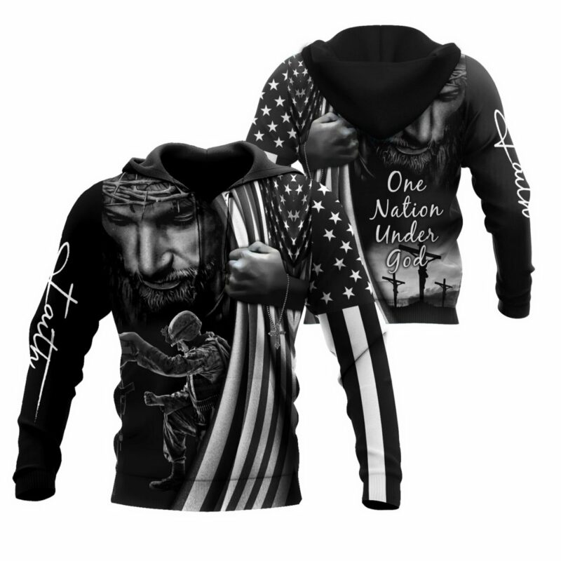 Us Veteran One Nation Under God Black Pattern All Over Print Hoodie