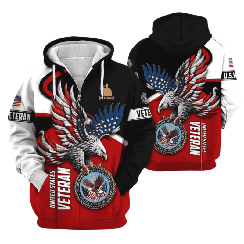 Us Veterans Eagle Flag Black Red And White Pattern All Over Print Hoodie