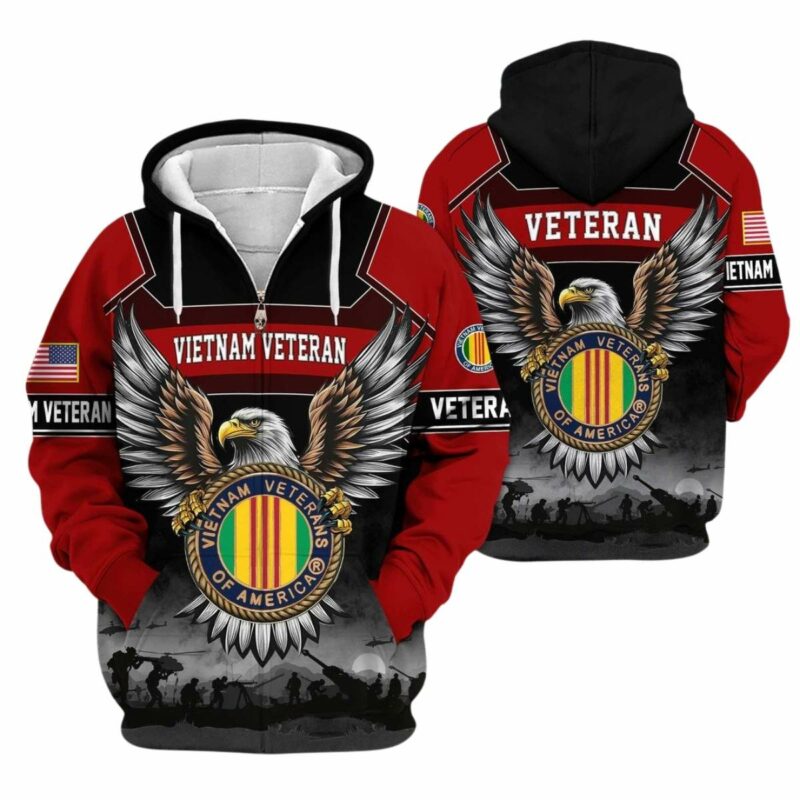 Vietnam Veterans The Eagle Hug Us Veteran Logo Black And Red Pattern All Over Print Hoodie